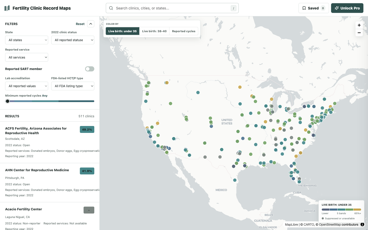 National fertility clinic explorer colored by reported clinic measures